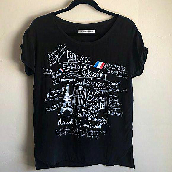 Paris silk graffiti hand script short sleeve blouse - size S (EU 38) - Picture 1 of 7